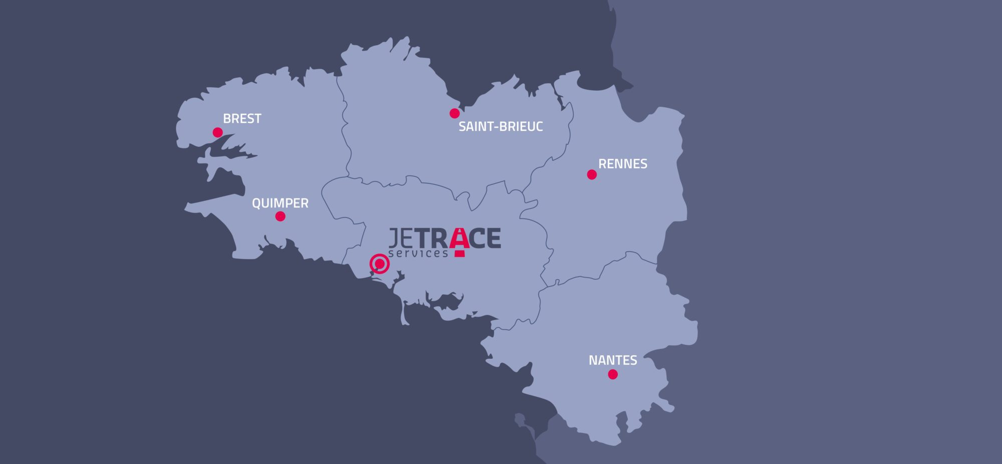 Carte périmètre intervention JETRACE Finistère, Morbihan, Côte-d'Armor, Ille-et-Vilaine et Loire-Atlantique